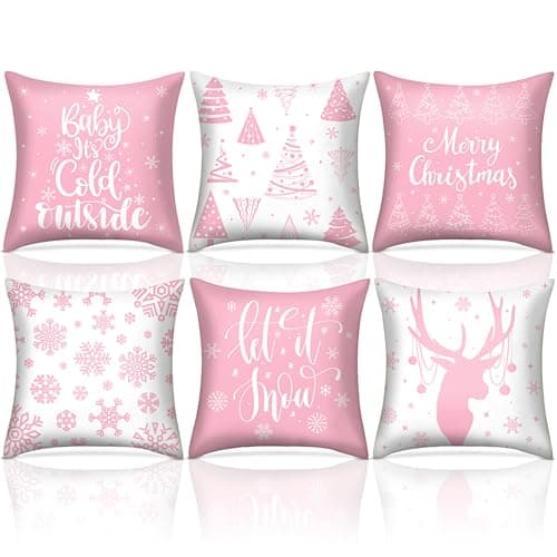 VitalCozy 6 Pcs 18 x 18 inch Christmas Throw Pillow Covers Xmas Cushion Covers Pillow Cases Snowflake Winter Throw Pillow Covers Christmas Decor for Bedroom Sofa Couch Cushion Square Home Pink