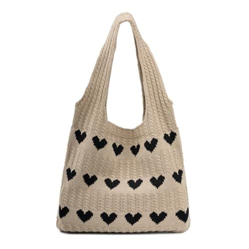 Zibuyu® Crochet Heart Tote Bag for Woman, Soft Knit Aesthetic Shoulder Bag, Charm Spacious Casual Boho Beach Bag for Work School Travel and Everyday Use