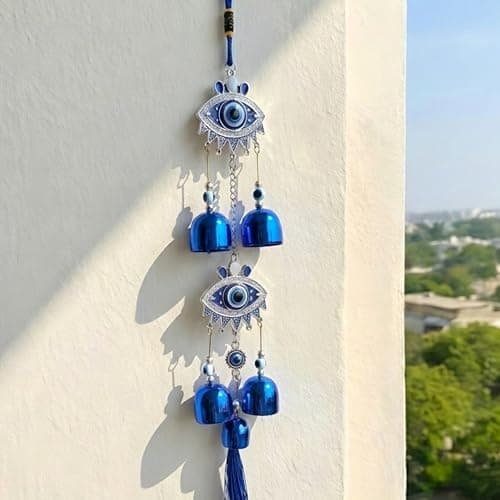 sculpmart Dual Eye Design Evil Eye Wind Chime with Hanging Chain Design & 5 Bells for Main Door & Balcony Hanging for Positivness & Melody Sound (2 Eye Design)