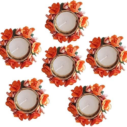 MyGiftyShop Decorative Round Orange Diya Set of 6 with tealight Wax Candles Diwali Gift, Deepak Rangoli Light Decor for New Year, Christmas, House Warming, Dusshera, Deepawali, Durgapuja