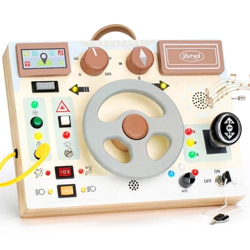 Joyreal Toddler Busy Board with LED Lights Steering Wheel Sounds Montessori Toys for 1 Year Old Fidget Board Sensory Travel Toy Gifts for Boys and Girls