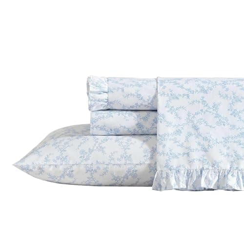 Laura Ashley - Twin XL Sheet Set, Breathable Percale Cotton Bedding, 200 Thread Count, Floral Home Decor (Victoria Blue, Twin XL)