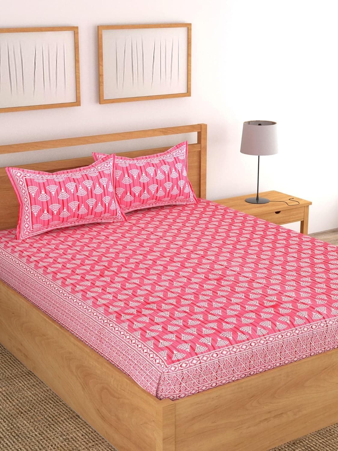 Lali Prints Geometric Block Print King Size Double Bed Jaipur Bedsheet with 2 Pillow Coves Zip 100 Cotton Pink