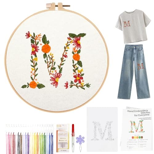 Topapfo Letter M Stick and Stitch Embroidery Kit for Clothes Beginners Alphabet Embroidery Pattern Water Solauble for Adults Clothing Jeans TShirts Tote Bags Crafts