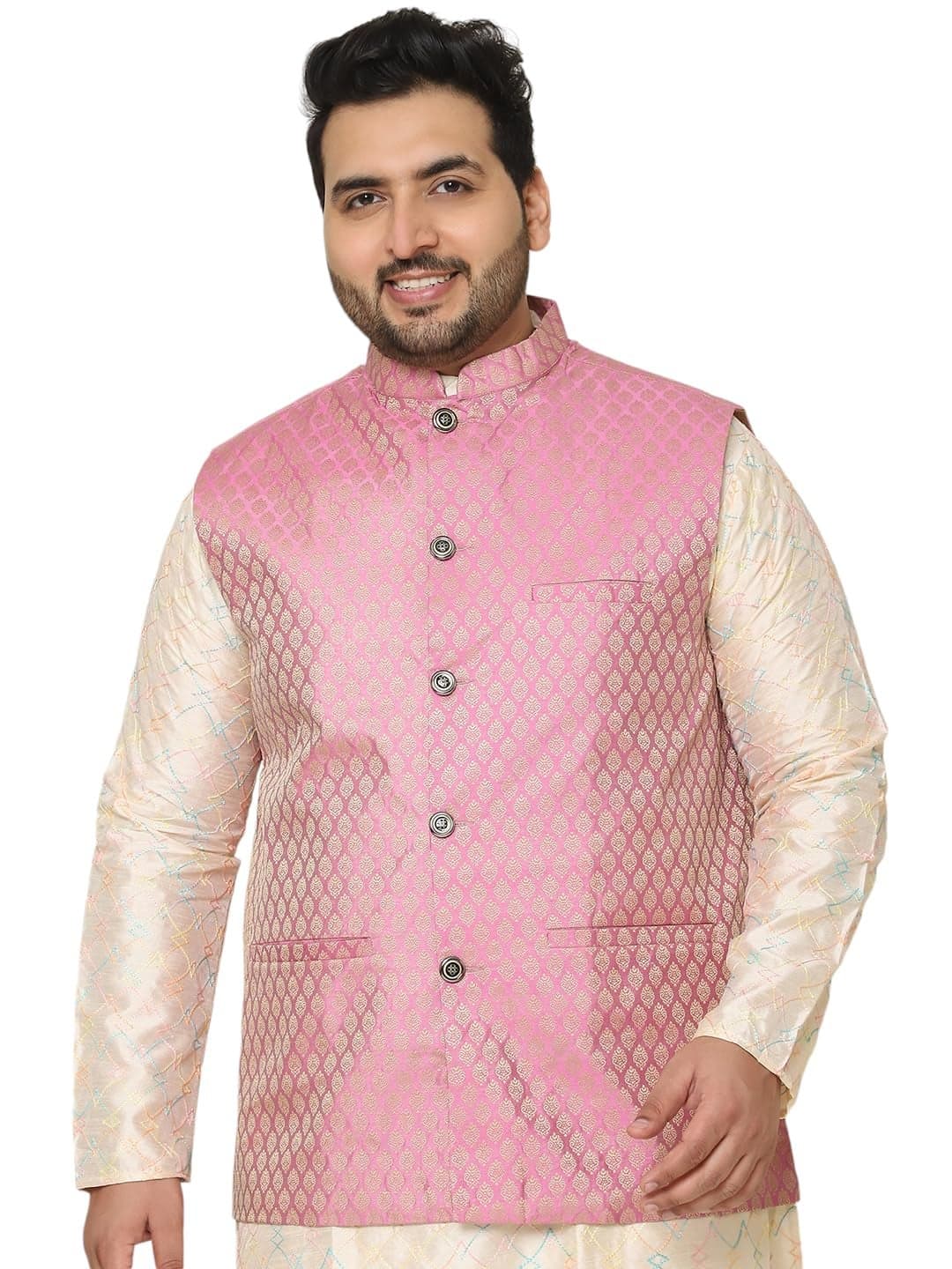 SOJANYA Plus (Since 1958) Men's Jacquard Silk Self Design Pink ONLY Nehrujacket