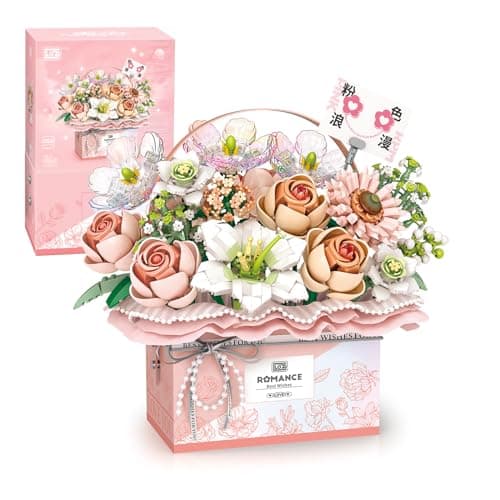 MEIEST Flower Bouquet Building Blocks Model SetSimulation Artificial Rose Handheld Gift BoxBonsai Plant Building Bricks ToysHome Decor Fantasy Pink