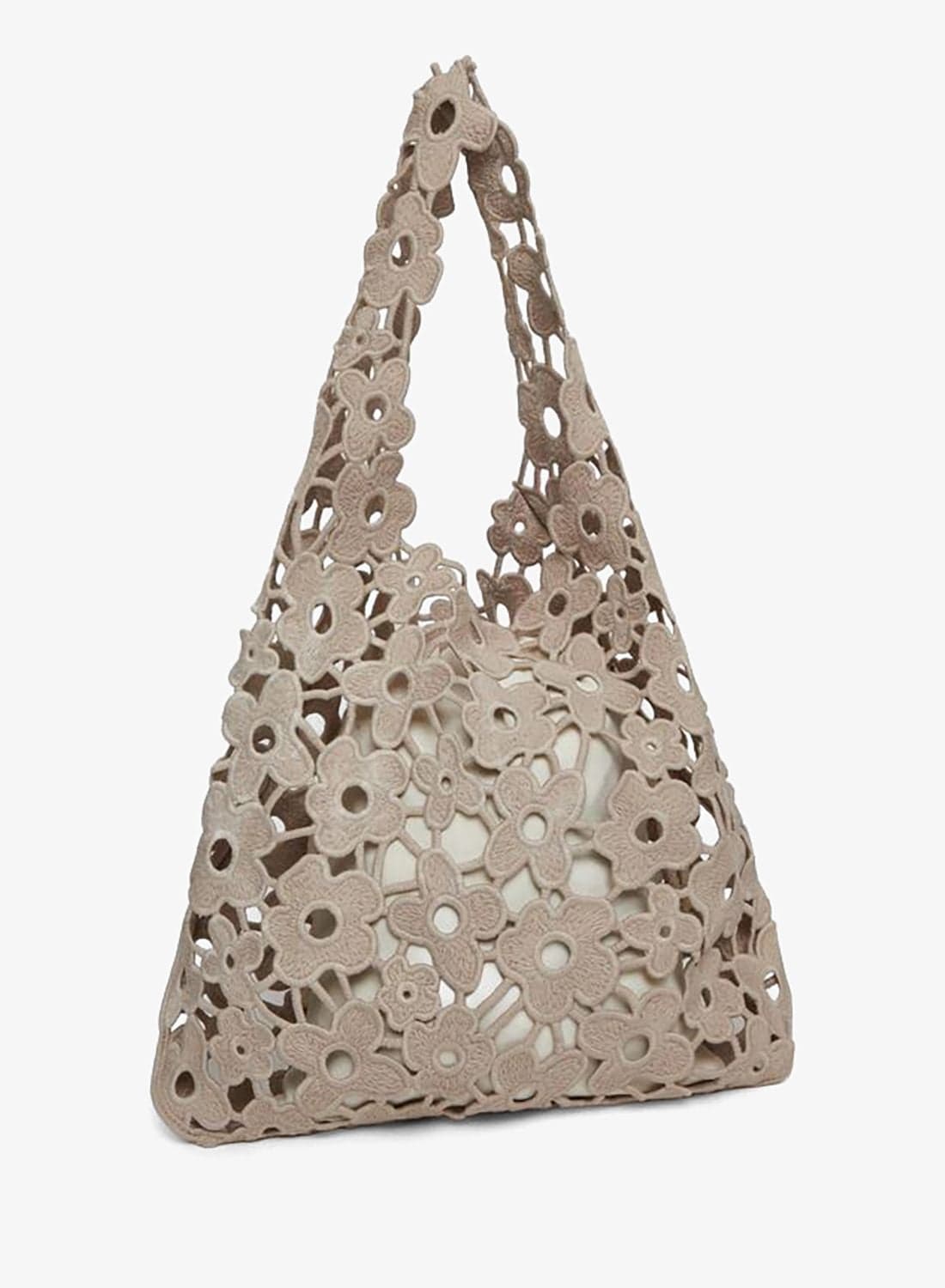 Beige Floral Crochet Tote Bag