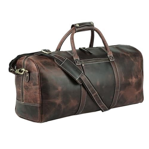 Leather Travel Duffle Bags for Men and Women cabin friendly Weekend Bag Sports Gym airplane carry on overnight duffel (Hunter Distressed Brown)