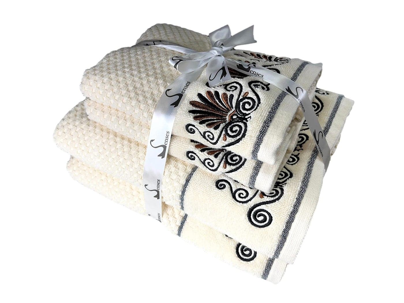SENSES By Riba Cotton Embroidered Towel Set, 550 GSM Soft & Absorbent, Antimicrobial, Oeko-Tex Certified | Ideal for Home & Gifting, Pack of 4 (2 Bath 27"X50" + 2 Hand Towels 16"X26") - Style 10