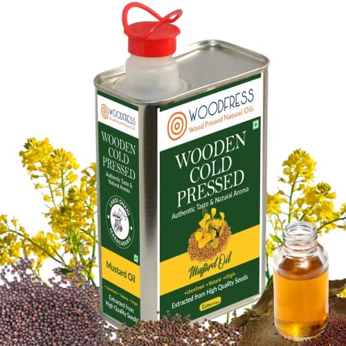 WOODFRESS Pure Cold Pressed Kachi Ghani Mustard Oil, 1 Litre Metal Tin, Wood Pressed Sarson Oil, 5 Kg Mustard Seeds Per 1 Litre, Healthy Cooking Oil, Unrefined Black Mustard, Preservative-Free,1L