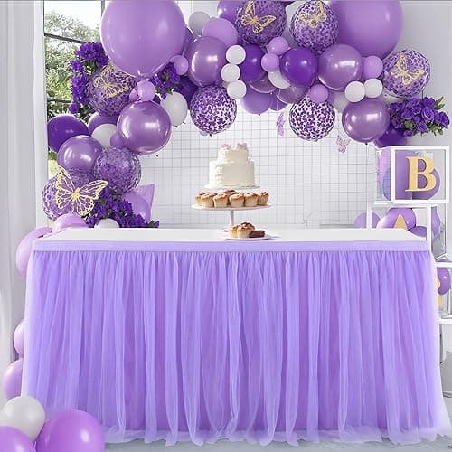 Suppromo Purple Tulle Table Skirt Baby Shower Table Cloth for Rectangle Tables or Round Tables Purple Tutu Table Skirt for Girls Mermaid Elephant Butterfly Birthday Party Cake Dessert Decorations
