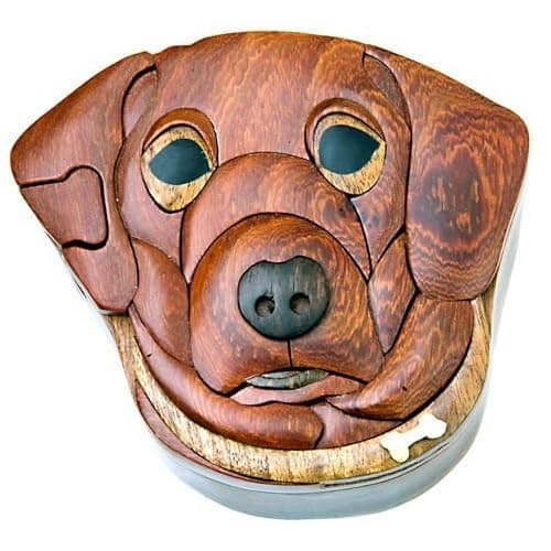 Dog Natural Wood Intarsia Puzzle Box Handcrafted with Secret Compartment