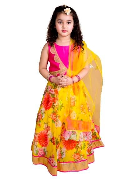 Pspeaches Girl's Yellow Pink Embroidered Polyester Readymade Lehenga Choli Set (Yellow-4-5Y)