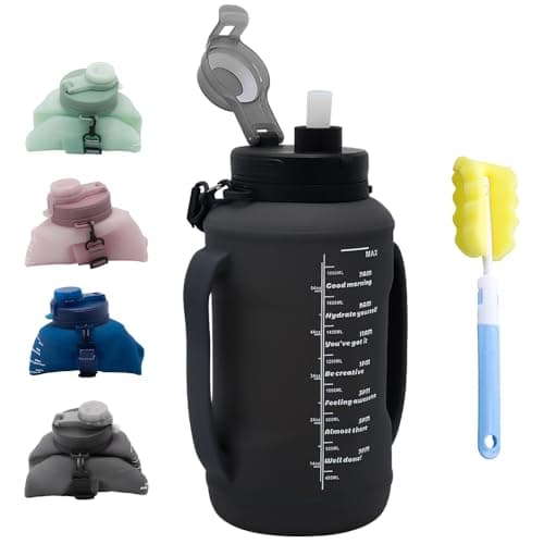 LELExilan 64oz Foldable Silicone Water Bottle with Straw, BPA-Free Motivational Time Marker, Leakproof Collapsible Water Jug with Handle for Gym, Sports, Camping & Outdoor Activities (Black)