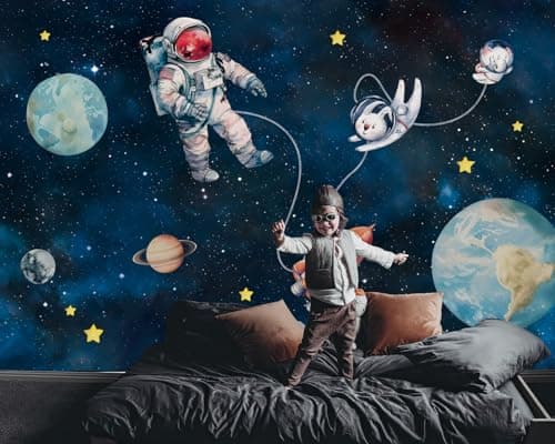 FWIEXA Children Astronaut Earth Wallpaper Cartoon Rocket Rabbit Wall Mural Outer Space Planet Mural Wallpaper Kids Moon Aerospace Wallcovering Living Room Bedroom 141x96 Not Peel n Stick