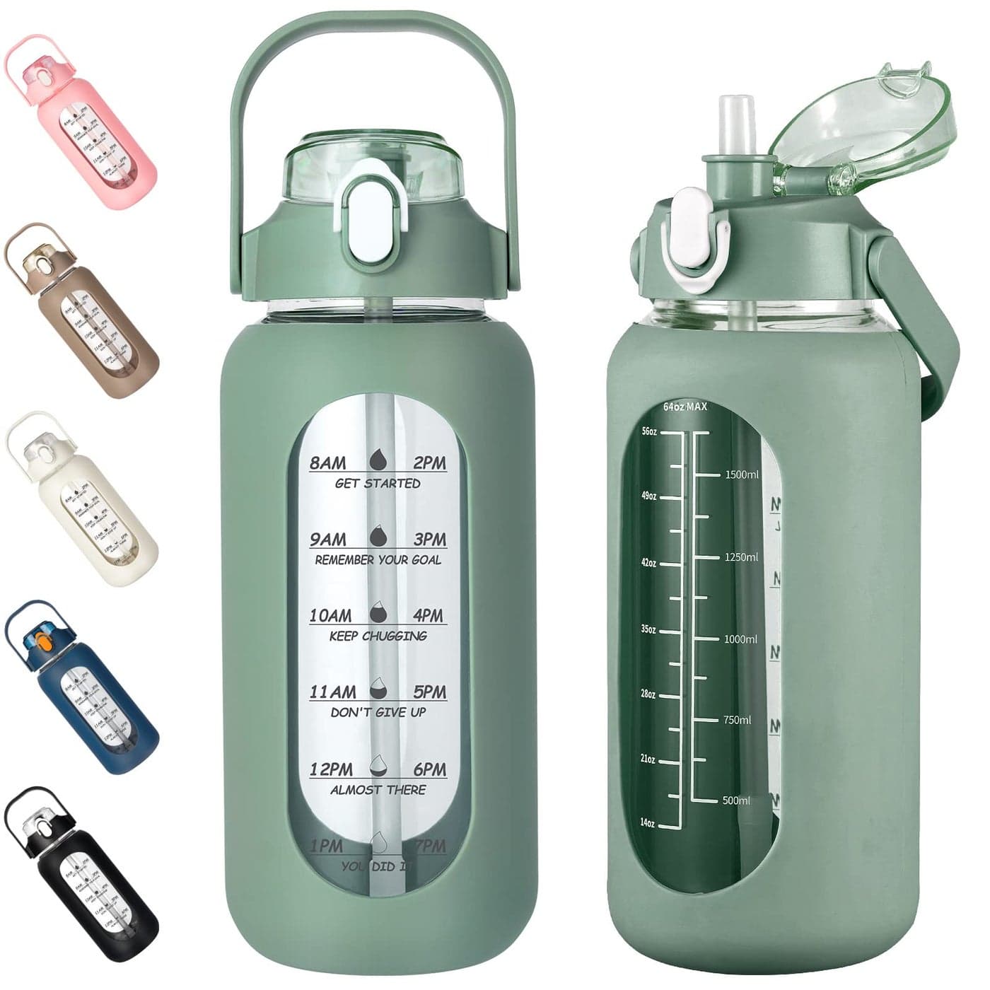 kytffu 64oz Glass Water Bottles with Straw Half Gallon Motivational Glass Bottle with Silicone Sleeve and Time Marker 2L Leakproof Large Glass Water Jug for Gym Home Officeolive