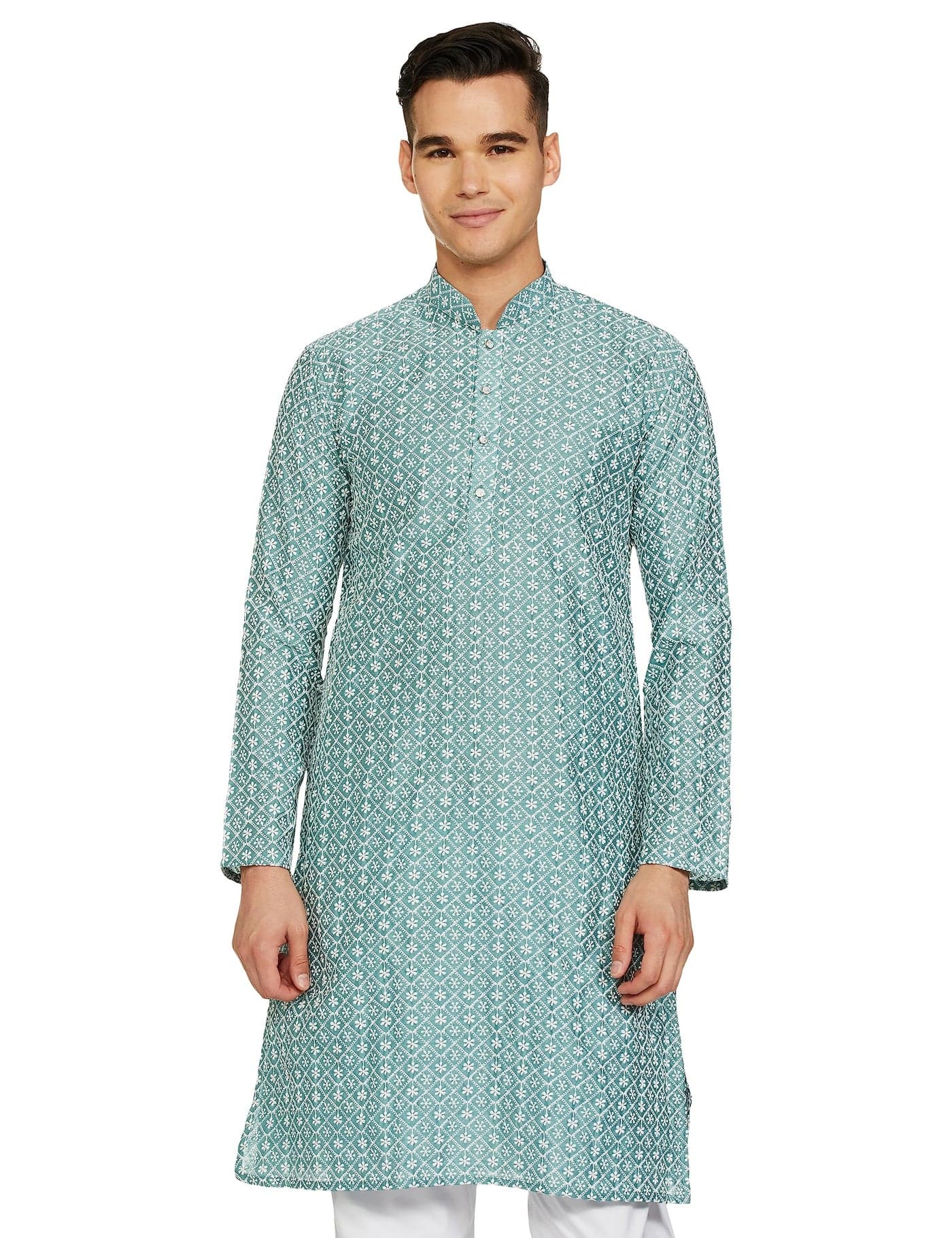 BE ACTIVE Men's Traditional Embroidered Lucknowi Full Sleeves Kurta || Cotton Kurta for Men || Men Kurta for Wedding || Kurta for Men (RFSK0013-KR 8 L) Oceanic Blue