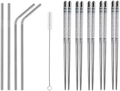Zelwie Stainless Steel Combo Korean Vietnamese Chopstick and Straw Kitchen Tool Set 10 Chopstick 2 Straight Straw 2 Bent Straw1 Cleaning Brush