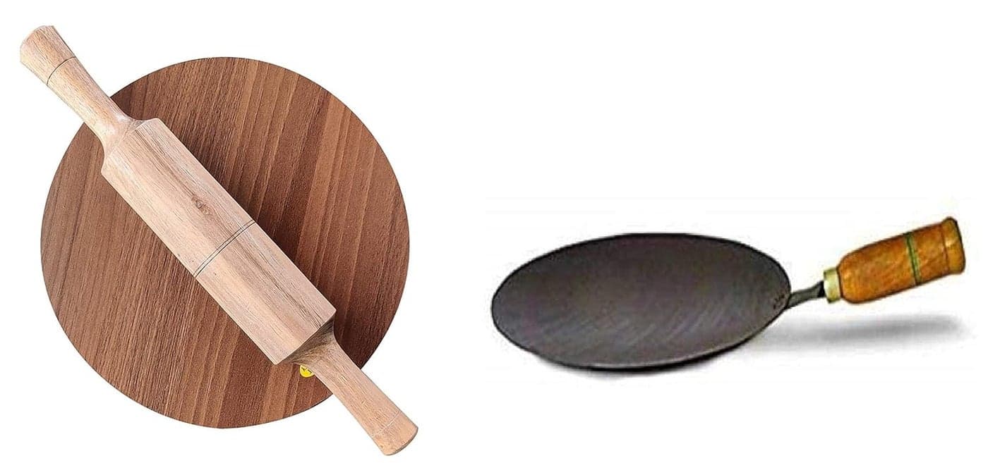RJ kitchenware Store chakla belan Tawa Handmade Loha Iron Lokhand RotiChapati Tawa Wooden 12 inch belan pack of 3