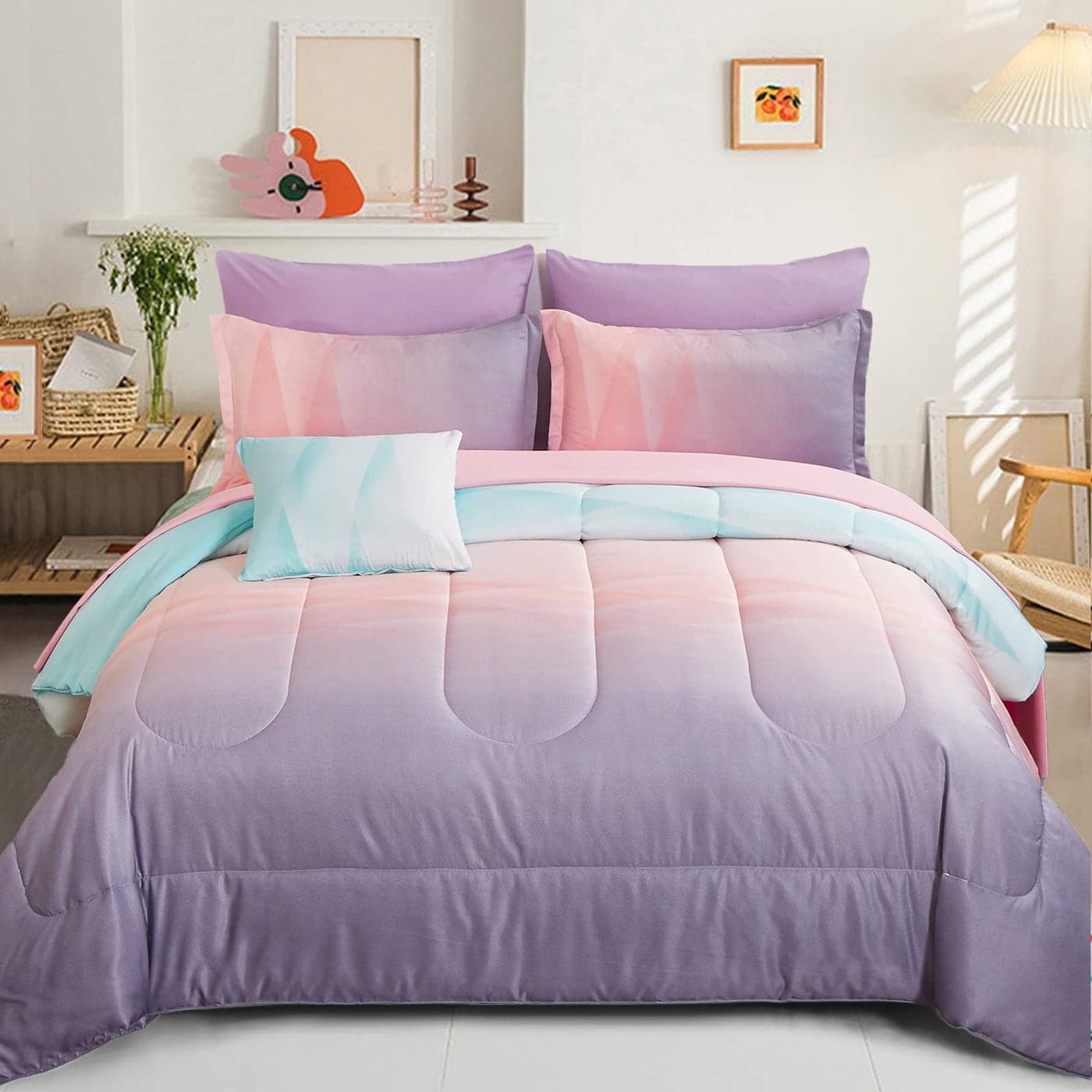 Girls Comforter Set Queen Size Colorful Ombre Blue Pink Purple Rainbow Bedding Set 7 Pieces Bed in A Bag for Kids Teen Girls Women with Comforter Flat Sheet Fitted Sheet