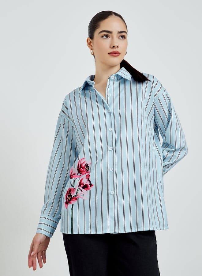 Blue Striped Oversized Shirt with Floral Detail
