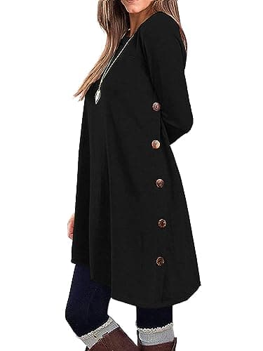 KORSIS Dresses for Women Black Small Long Sleeve Round Neck Casual Button Side T Shirts Loose Fitting Sweater Jumper Fall Winter Tunic Dress