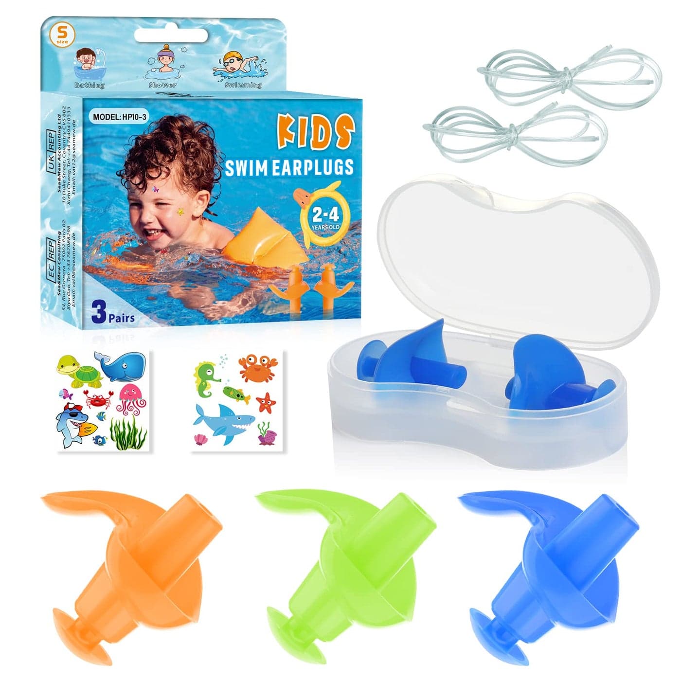 Hearprotek 3 Pairs Swimming Ear Plugs for Kids, Soft Silicone Reusable Waterproof Earplugs for Toddlers Bathing Swimming and Other Water Sports(Blue/Orange/Green)