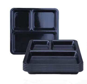 URMILA PLASTIC® Food-Grade Plastic 3 in 1 Compartments Pav Bhaji Plate Dinner Plates Serving Plates Black (4)