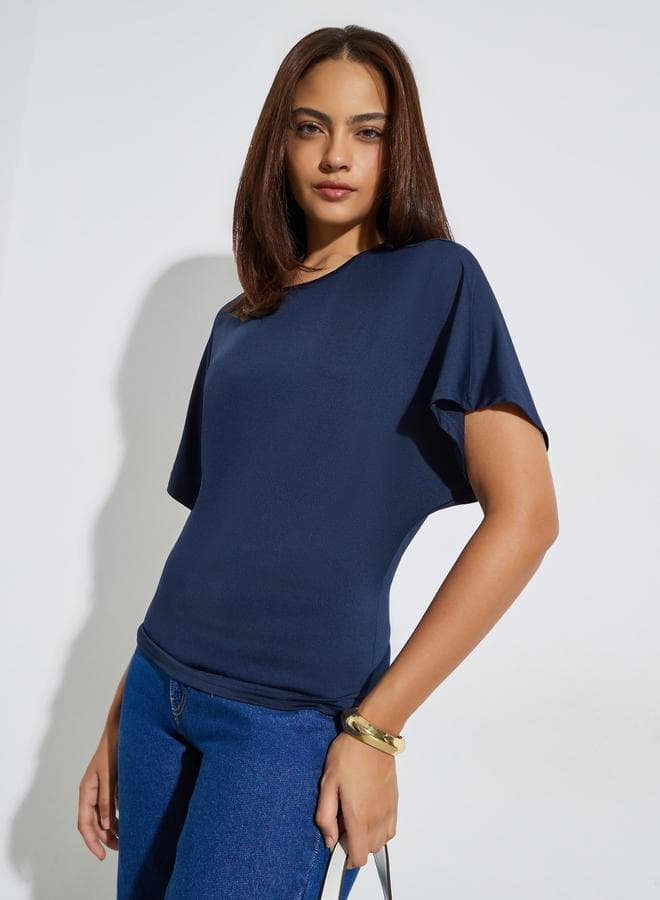 Dark Blue Round Neck Tie-Waist T-Shirt