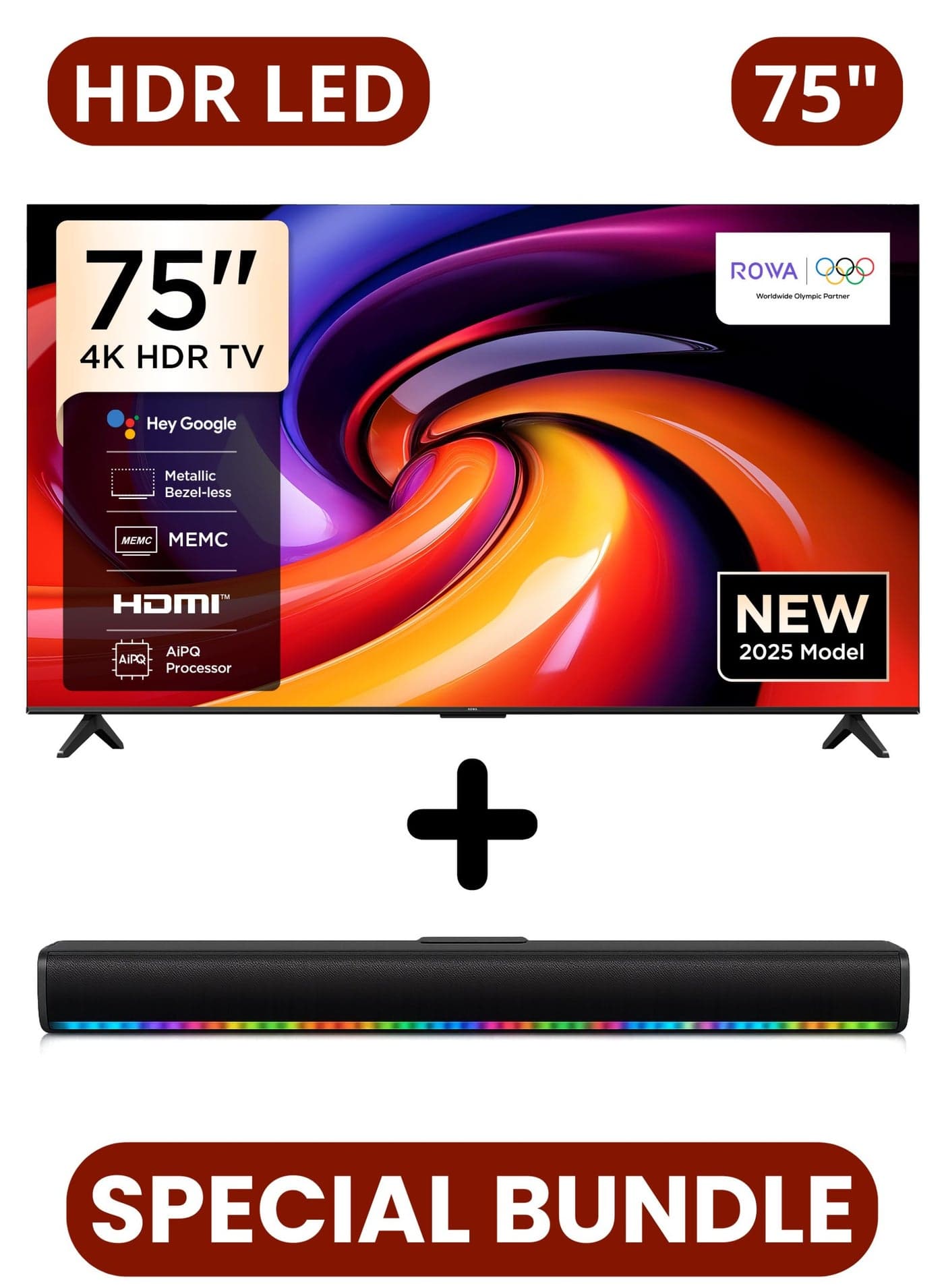 ROWA 75 Inch R55 4K UHD Smart LED TV, HDR TV + 2.0 Channel Portable Soundbar With Built In Battery & LED Lights | Google TV With AiPQ Processor, Dolby Vision & Audio, HDR10, HDMI, WiFi, BT, Bezel-less Design - 75R55+SOUNDBAR Black