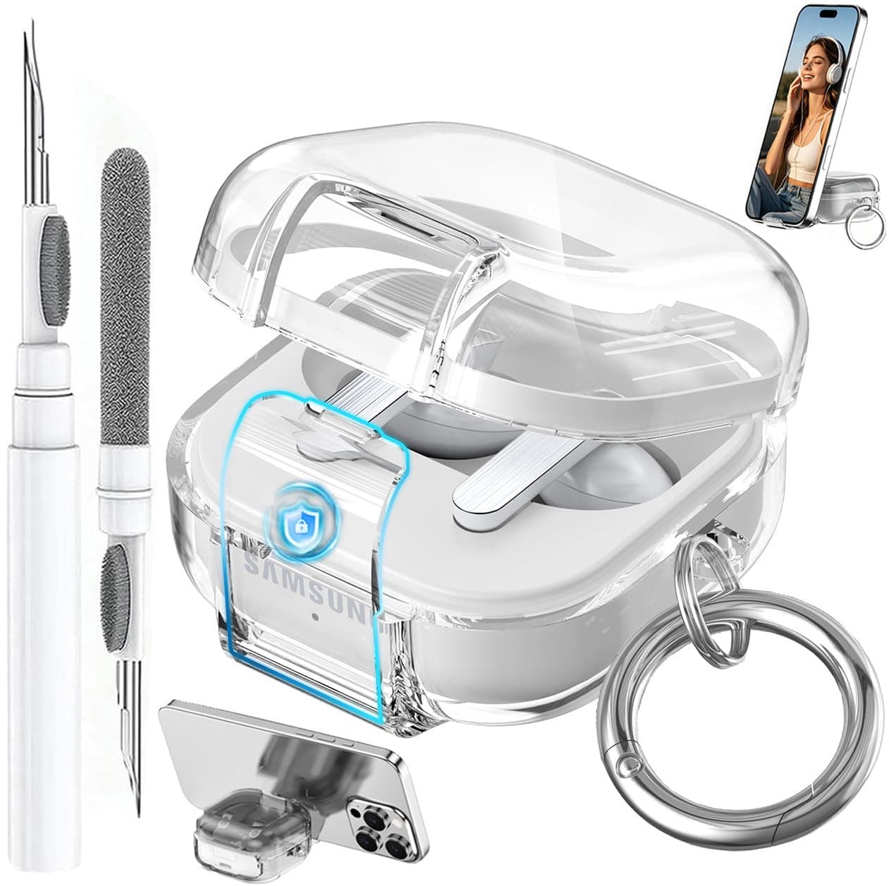 Compatible with Samsung Galaxy Buds 4 Case/Buds4 Pro Case Lock Clear with Kickstand, Galaxy Bud Pro 4 2026 Transparent TPU Protective Cover Men Women with Carabiner, Clear