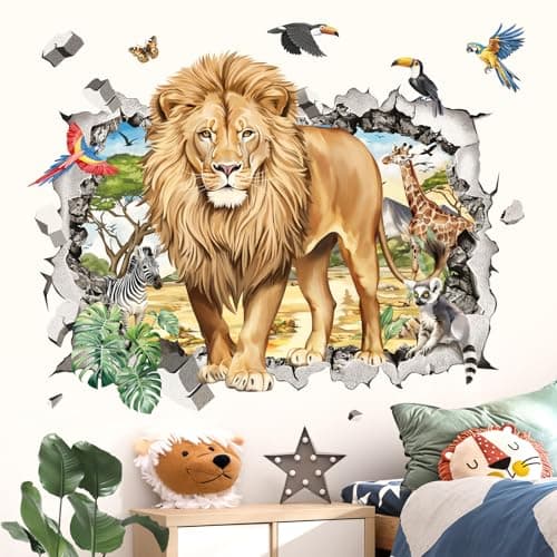 decalmile Large 3D Safari Lions Wall Stickers Break Through Jungle Animals Giraffe Zebra Tropical Leaves Wall Decals Baby Boy Kid Bedroom Playroom Wall Decor
