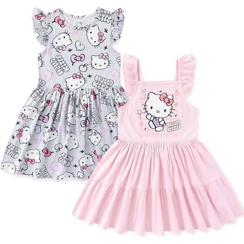 Hello Kitty Sanrio Girls 2 Pack Dress for Toddlers and Big Kids Pink/Grey