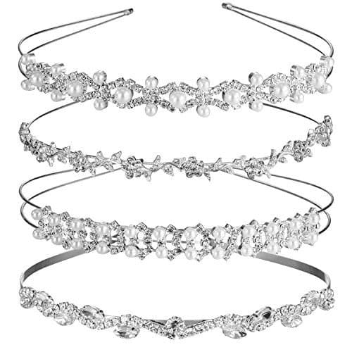TecUnite 4 Pieces Rhinestones Wedding Headbands Crystal Flower Girl Leaves Crown Headband Tiara Women's Faux Pearl Rhinestones Headdress for Bride Bridesmaids Wedding Party (Style Set 1)