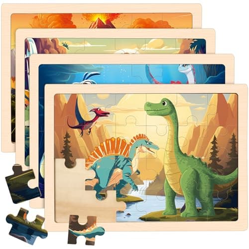 Wooden Dinosaurs Puzzles for Kids Age 3 4 5 Year Old 4 Pack 24 Pcs Montessori Toddler Jigsaw Puzzles for Girl boy Activities Preschool Learning Educational Birthday Gift Travel Autistic Wooden Toys
