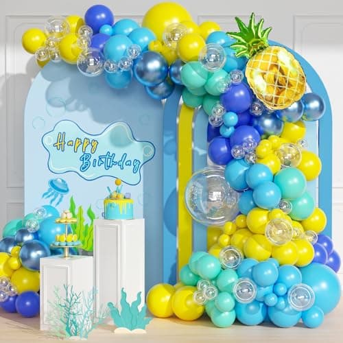 147pcs Cartoon Sponge Balloon Arch Kit Birthday Decorations With Yellow Blue Clear Metallic Teal Balloons and Pineapple Balloon For Cartoon Birthday Party Baby Shower