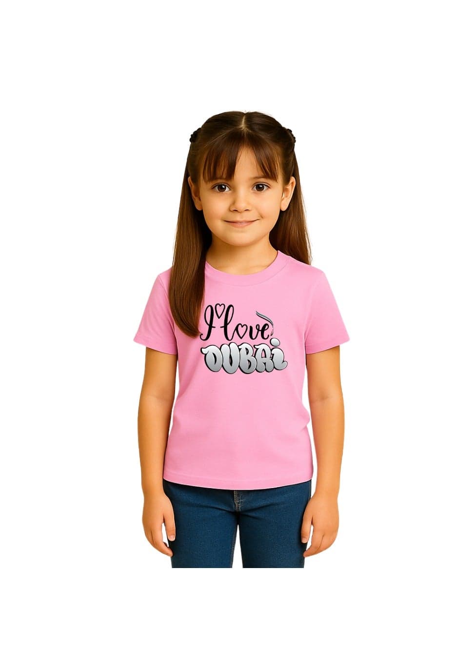 I Love Dubai Kids Girls T-Shirt - Round Neck With Short Sleeve-Girls Cotton T-Shirt -I Love Dubai-Printed T-Shirt-Perfect For Dubai Souvenir