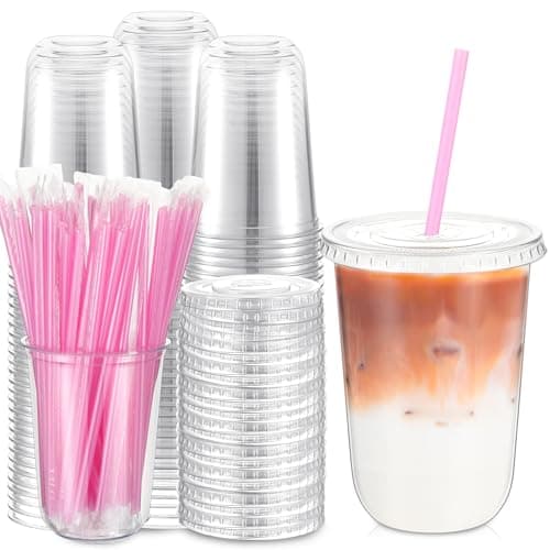 Ziliny 100 Pack 16 oz Clear Plastic Cups with Lids and Straws Disposable Iced Coffee Cups Round Bottom To carry Cup for Coffee Smoothie Cold Drinks Juice Milkshake Tea (Pink)