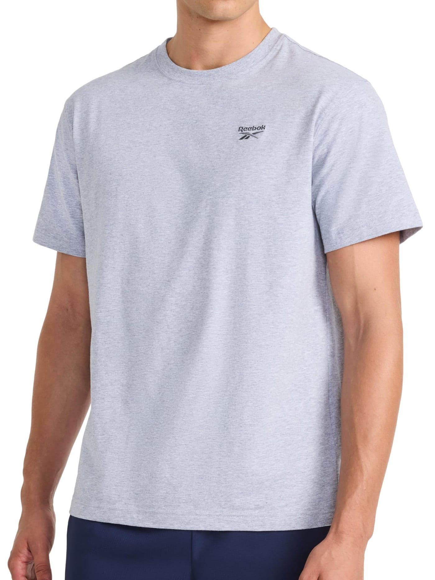 Reebok Men’s Embroidery Crewneck T-Shirt, Standard Fit, Lightweight Stretch Cotton-Blend Jersey Fabric, Grey Heather, Medium