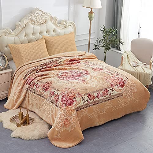 JML Fleece Blanket King Size, 9 Lbs, Korean-Style Thick Raschel Bed Blanket 85x95 Inches- Single Ply, Soft Warm Floral Printing Luxury Embossing Bedding Decor for Fall,Winter (Khaki Floral)