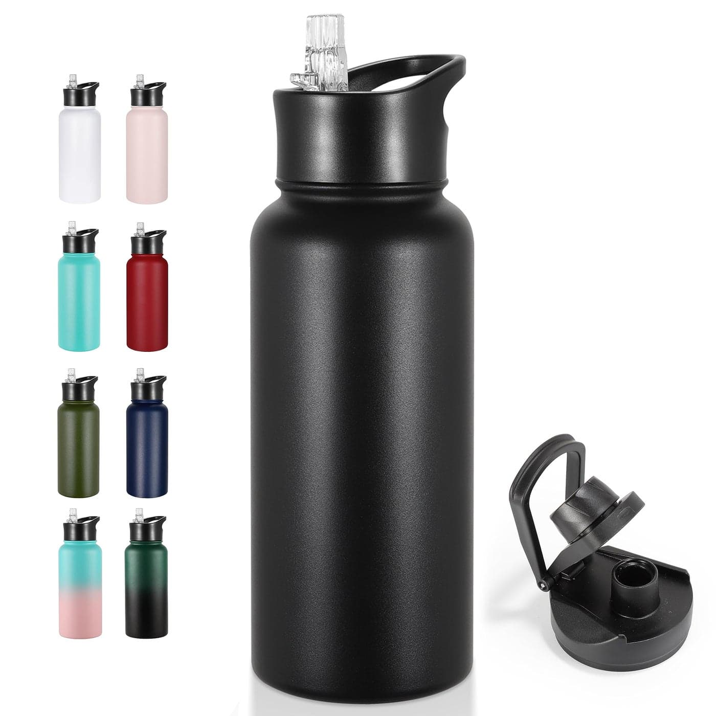 VEGOND 32 oz Insulated Water Bottle Stainless Steel Metal Water Bottles with Leak Proof Straw Lid Spout Lid Wide Mouth Double Walled Vacuum Travel Sports Bottle Black