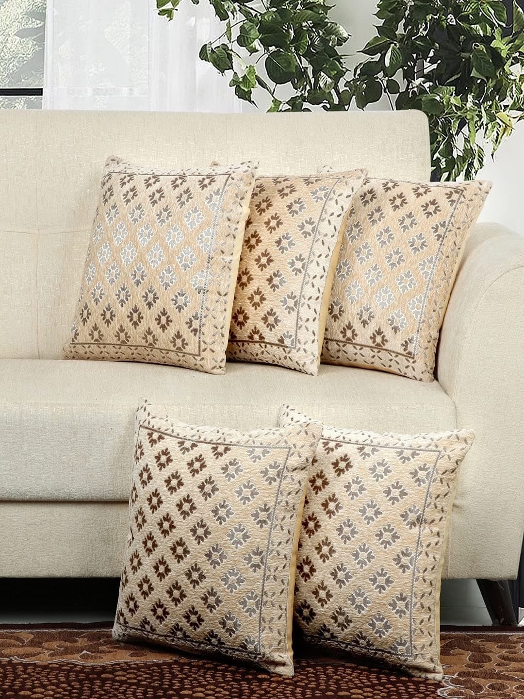 LOOMLYFE Jacquard Geomteric Cushion Covers 16 Inch X 16 Inch Set Of 5 Ethnic Motifs 240 TC Cushion Covers,Design- Diamond,Color- Beige