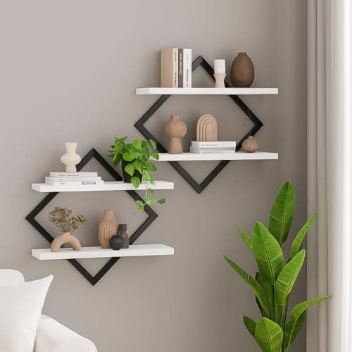 MTANK Floating Shelves Wall Mounted Set – Farmhouse Wooden Wall Shelf with Metal Brackets for Kitchen, Bathroom, Living Room, Office – Decorative & Functional | (White&Black)