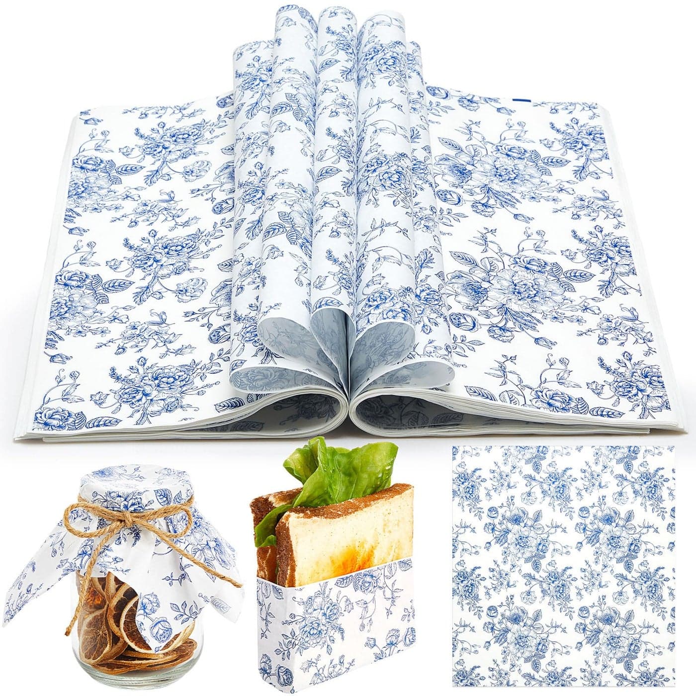 Marspark 100 Sheets Blue Floral Wax Paper for Food Wrapping 114 x 11 Inches Spring Floral Food Basket Parchment Paper for Picnic Wedding Candy Cookies Baking Sandwich Burgers Greaseproof Wrapping