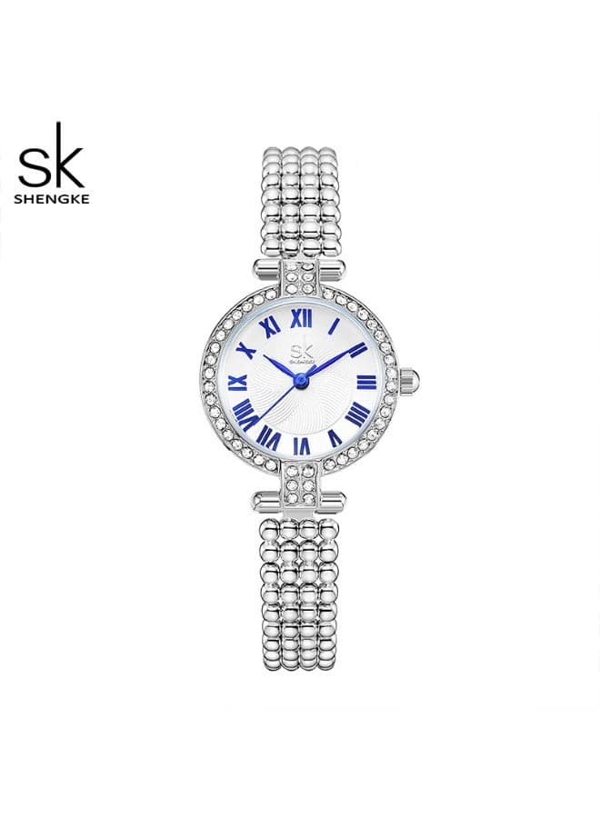 SK Shengke High-Value Quartz Watch with Diamonds, Luxury Fashion, Business-Friendly Steel Strap, Women's Watch, 30M Waterproof (Silver)