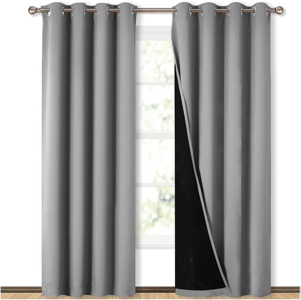 BFAM Store Thermal Insulated Ring 100 Blackout Curtain for Bedroom with Black Liner Double Layer Full Room Darkening Window and Door Noise reducing CurtainsRing pardaSold as 1 LGrey