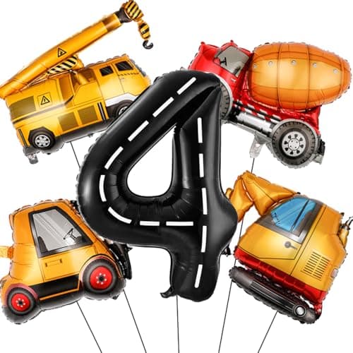 Construction Birthday Decorations 4 Year Old Large Construction Balloons 40Inch Racetrack Black Number 4 Balloons Construction Truck Foil Balloons for Boys 4th Construction Birthday Party Supplies