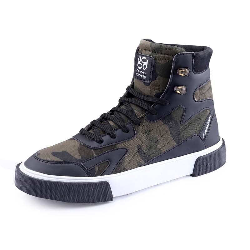 Bacca Bucci® Punisher Military Style Camouflage Print High Top Streetwear Sneakers Casual Shoes for Men- Black, Size UK7