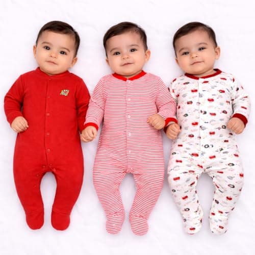 VParents Aqua Full Length Printed Baby Footies Sleepsuit Romper Pack of 3 - New Born (New Born, Red)