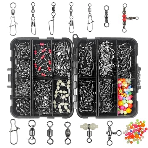 JSHANMEI Fishing Swivels Kit - Ball Bearing Swivel, Rolling Barrel Swivel, Crossline Three Way Swivel, Duo Lock Snap, High Strength Fishing Line Connector for Bass Trout Saltwater Freshwater